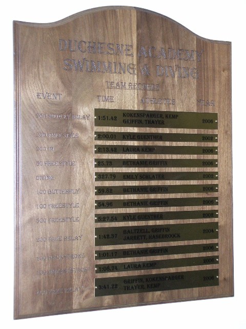 The Duchesne Swimming and Diving Record Board, provided through the generosity of Paul and Marla Kemp